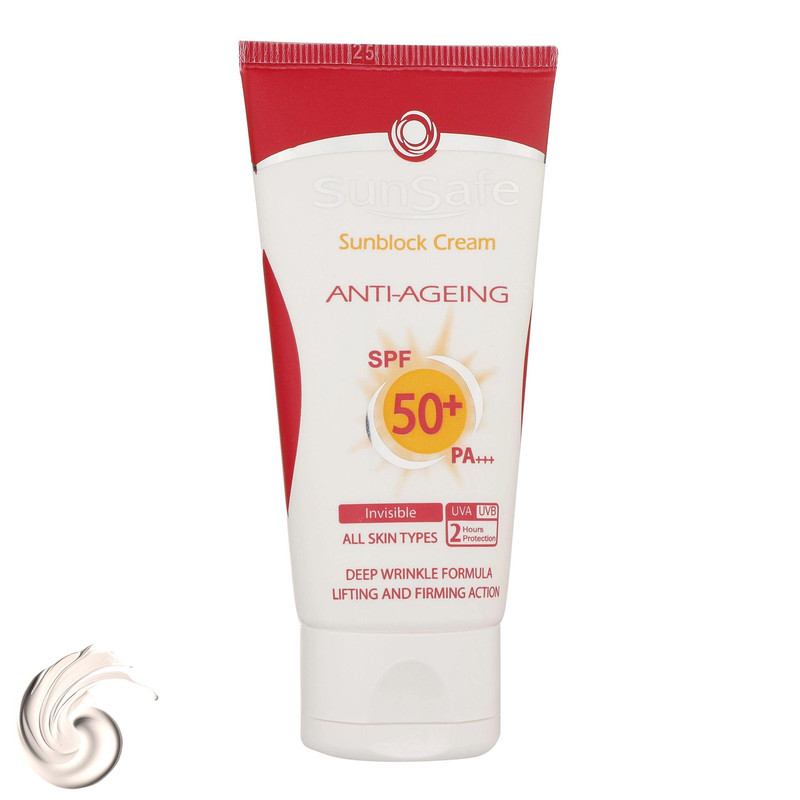 کرم ضدآفتاب و ضدچروک SPF50 بی رنگ سان‌سیف، حجم 50 میلی‌لیتر